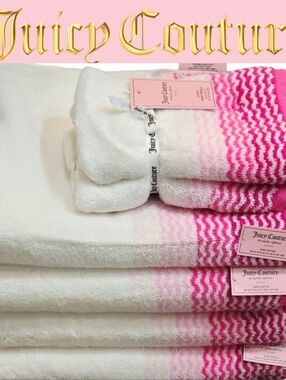 Juicy Couture Home Wavy Stripes Embrodried Plush Oversized Bath & Hand Towel Set